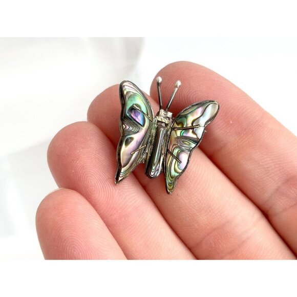 Butterfly Shaped Mexican Made Abalone Shell Inlay Vintage Sterling Silver Brooch - Picture 5 of 10